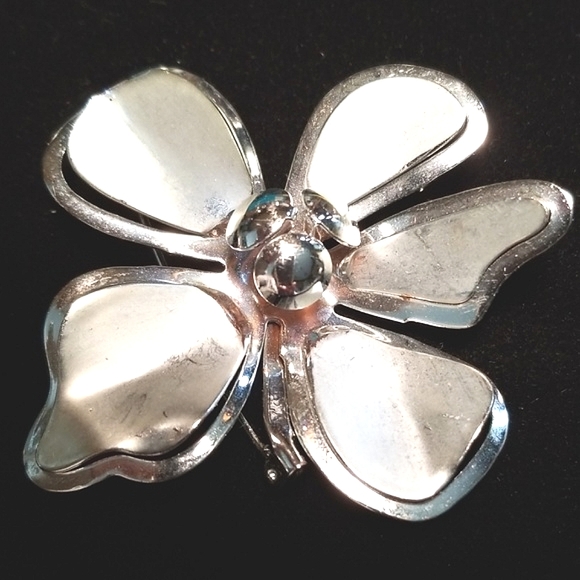 Vintage Mid Century Large Silver Tone Metal Flower Brooch Pin - Picture 3 of 12